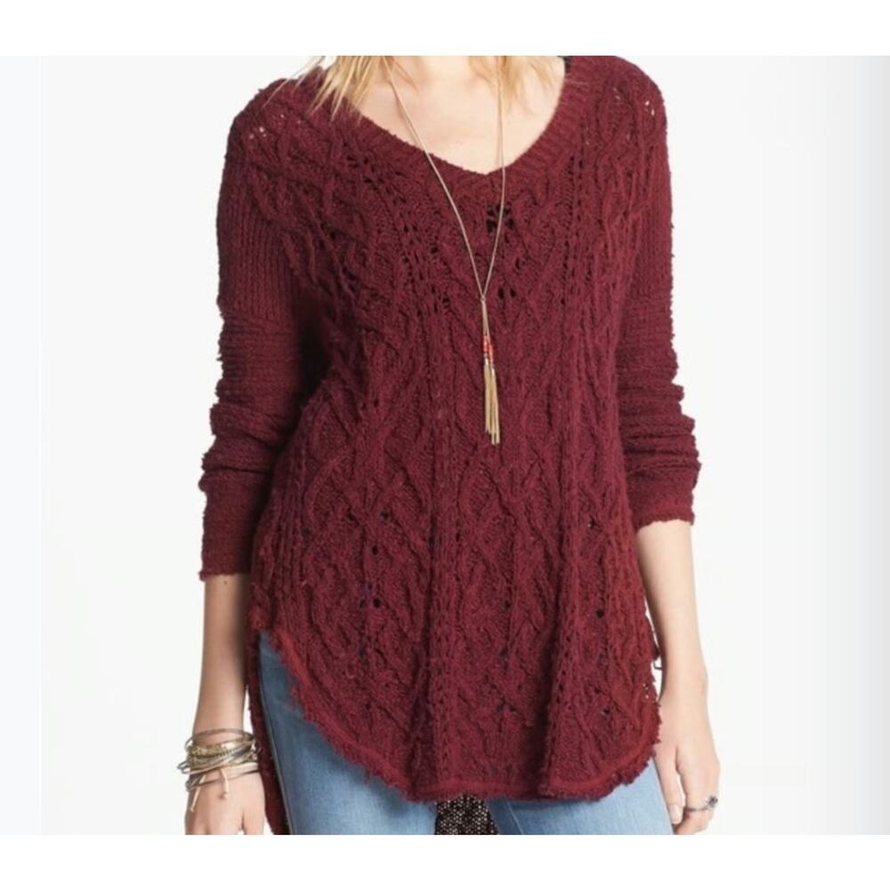 Free People "Cross My Heart" distressed V-neck cable knit sweater Womens S